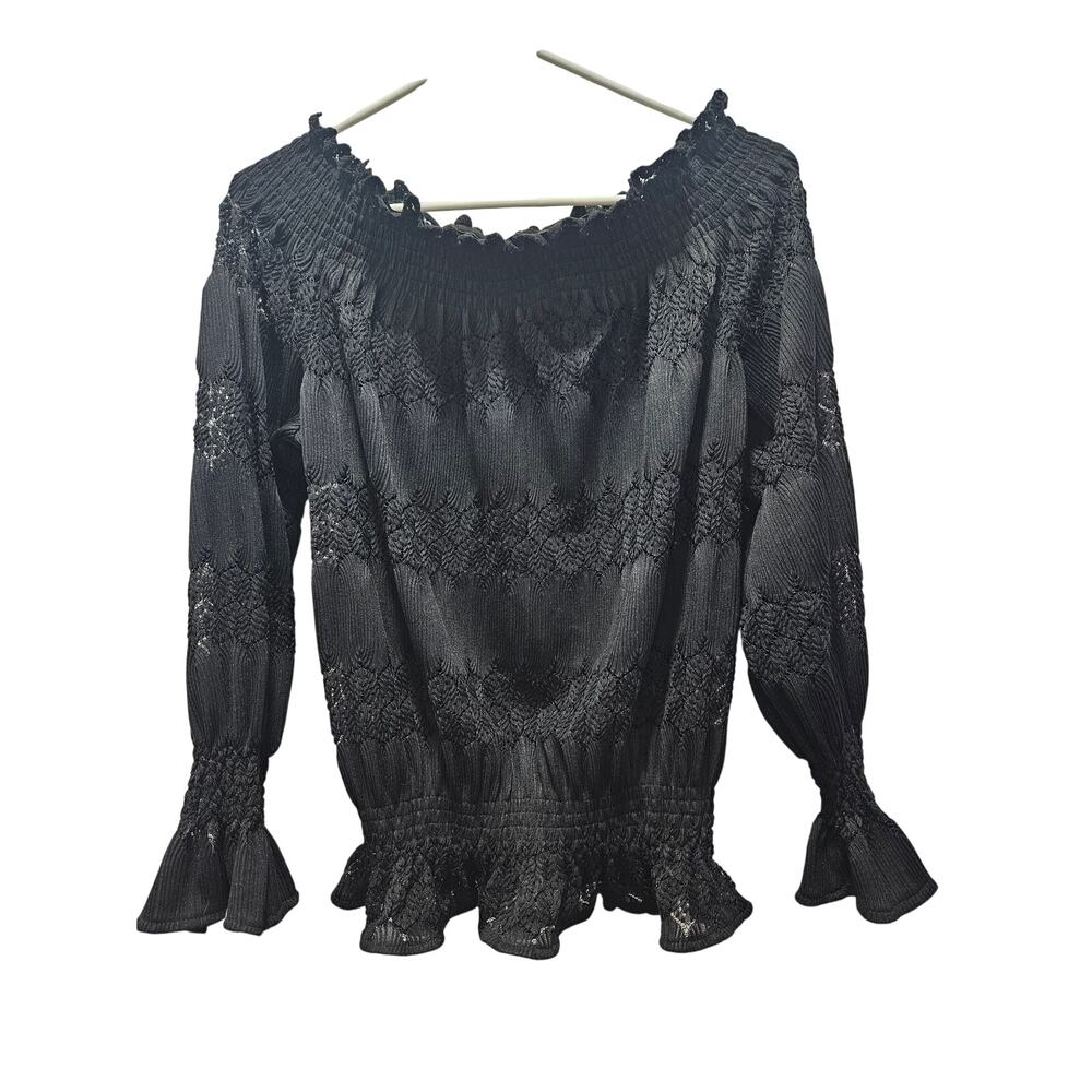 Whimsigoth Black Smocked Off Shoulder Lace Top Bell Sleeve Fairy Goth Stretch S